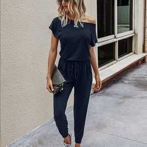 Navy blue Loose Solid Stretchy Long Jumpsuit